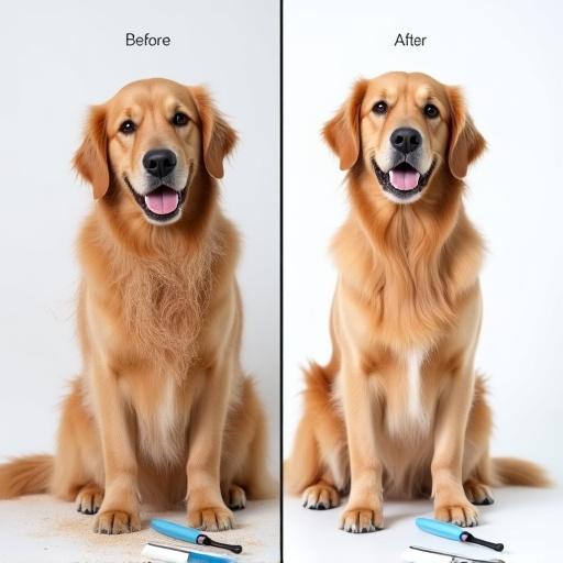 A before-and-after split image showing a Golden Retriever pre and post-deshedding treatment, highlighting its transformation.
