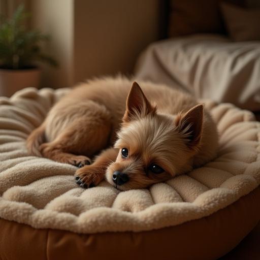 A small terrier curled up contentedly on a plush, custom-designed pet bed, looking cozy.