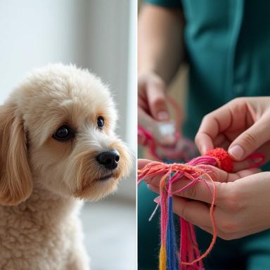 A split image showing a meticulous groomer at work and skilled hands weaving a colorful collar, highlighting dedication.